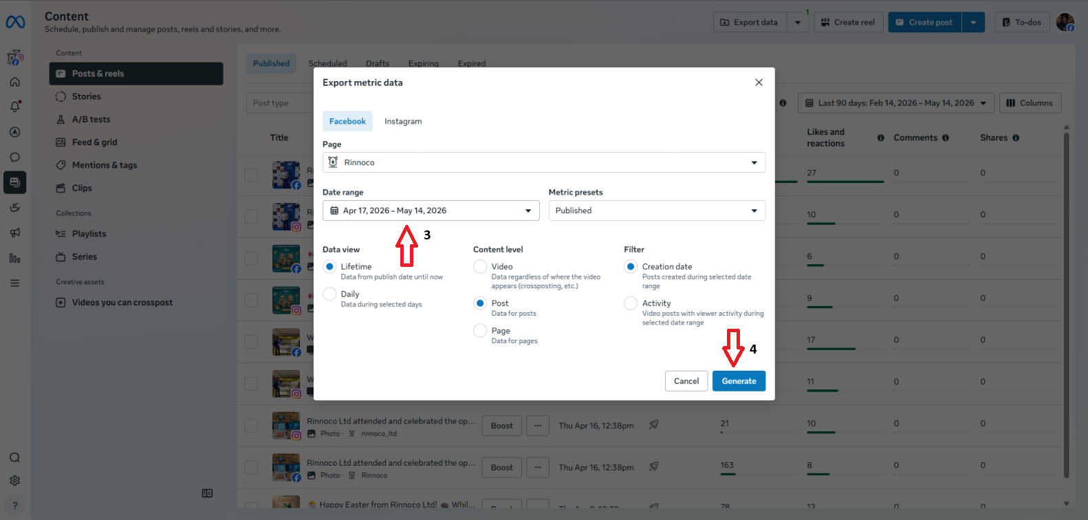 Meta Business Suite export settings
